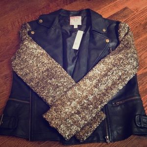 Black faux leather jack - gold sequin sleeves. NWT
